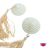 White Pearl & Crystal Pasties with Tassels / Burlesque Pasties / Fancy Nipple Pasties / Wedding Nipple Pasties #30338