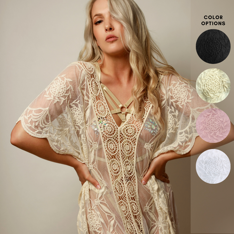 Lace Boho Sheer Kimono / Wedding Robe / Bohemian Lace Kimono - Lila #20279 - StyleWanderlustUSA