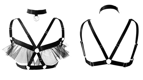 Black Tulle Body Harness with Collar Set / Romantic Flirty Lingerie /  #20244 Angelique & Tulle Suspender Belt Colette #20240 - StyleWanderlustUSA