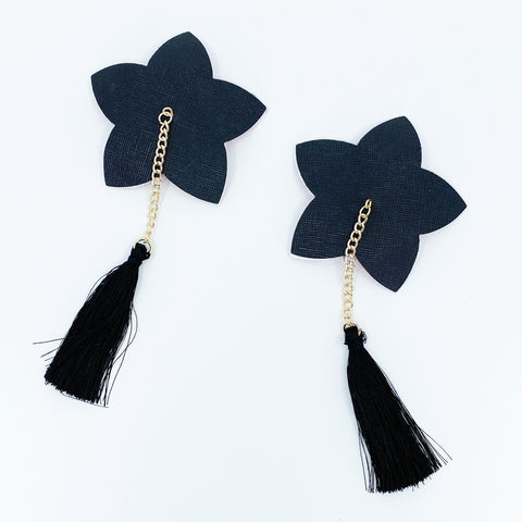 Black Vegan Leather Flower Pasties with Tassels / Burlesque Nipple Covers #30306 - StyleWanderlustUSA